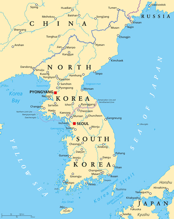 北朝鮮と韓国、首都平壌とソウル、国境、重要な都市河川や湖で